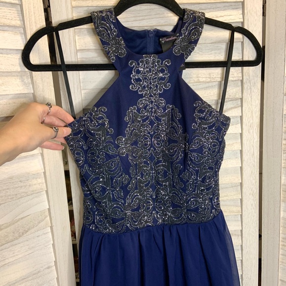 Xtraordinary Royal Blue Sparkly Beaded Filigree Halter Sheer High Low Prom Dress - Picture 5 of 11